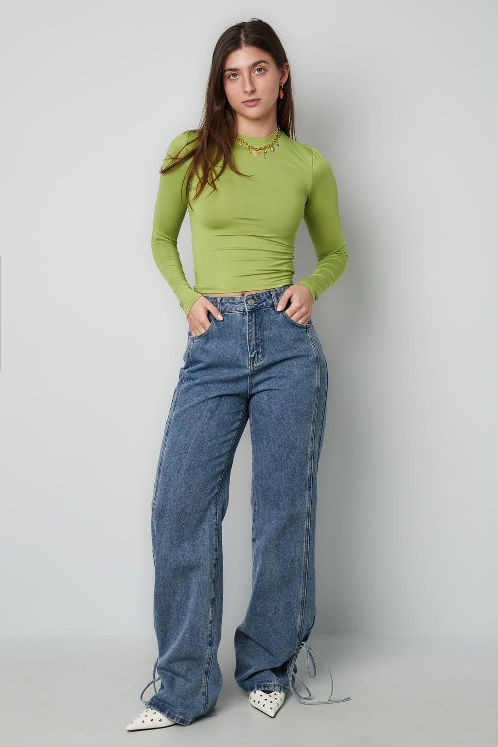 Cotton Woven Women's Straight Leg Denim Pants Casual Knot Detail