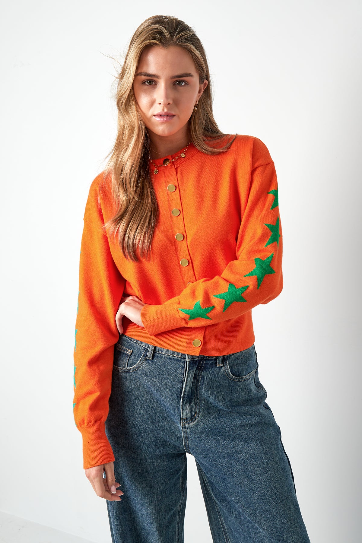 Viscose Knit Cardigan Women's Cropped Style Star Pattern