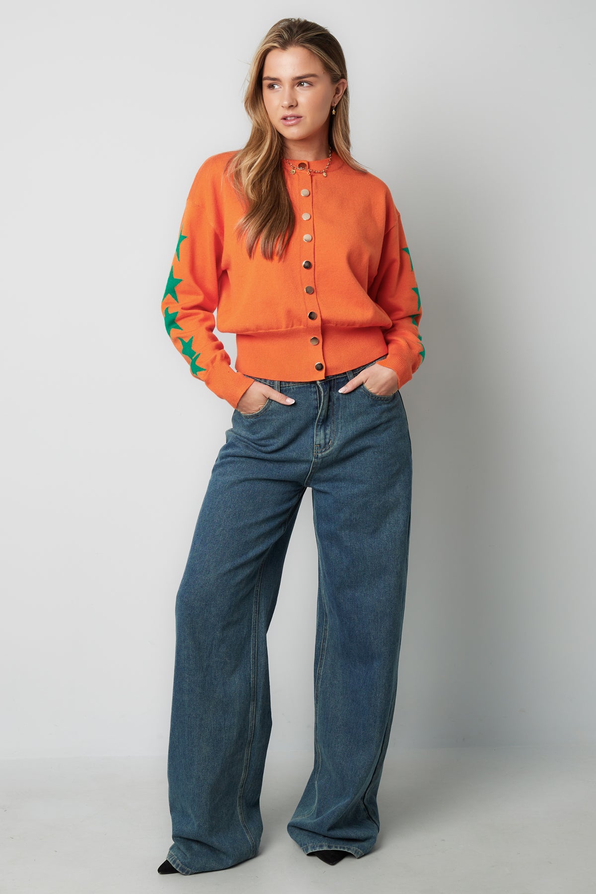 Viscose Knit Cardigan Women's Cropped Style Star Pattern