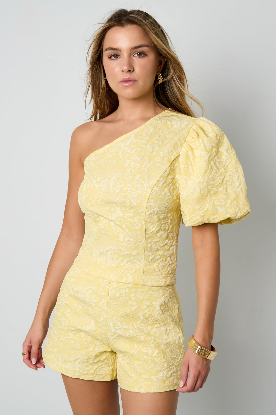 Woven Polyester Fiber Women's One-Shoulder Top Elegant Floral Print