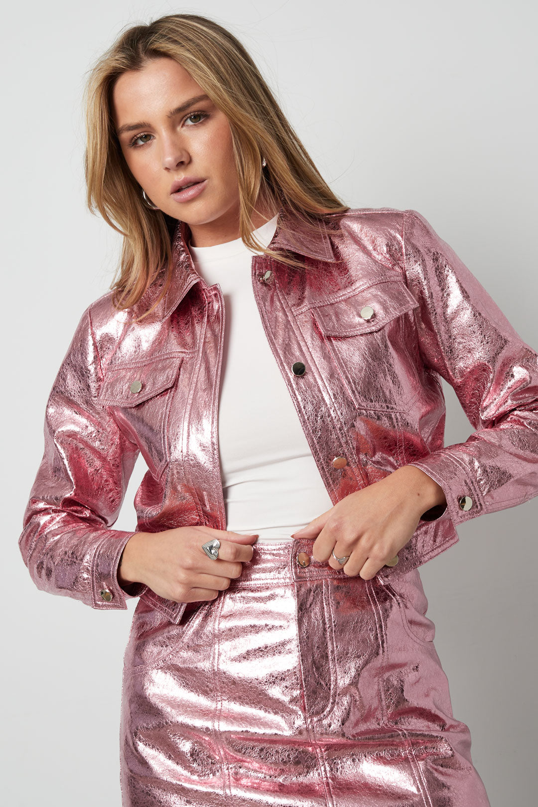 PU Women's Cropped Jacket Shiny Metallic Finish