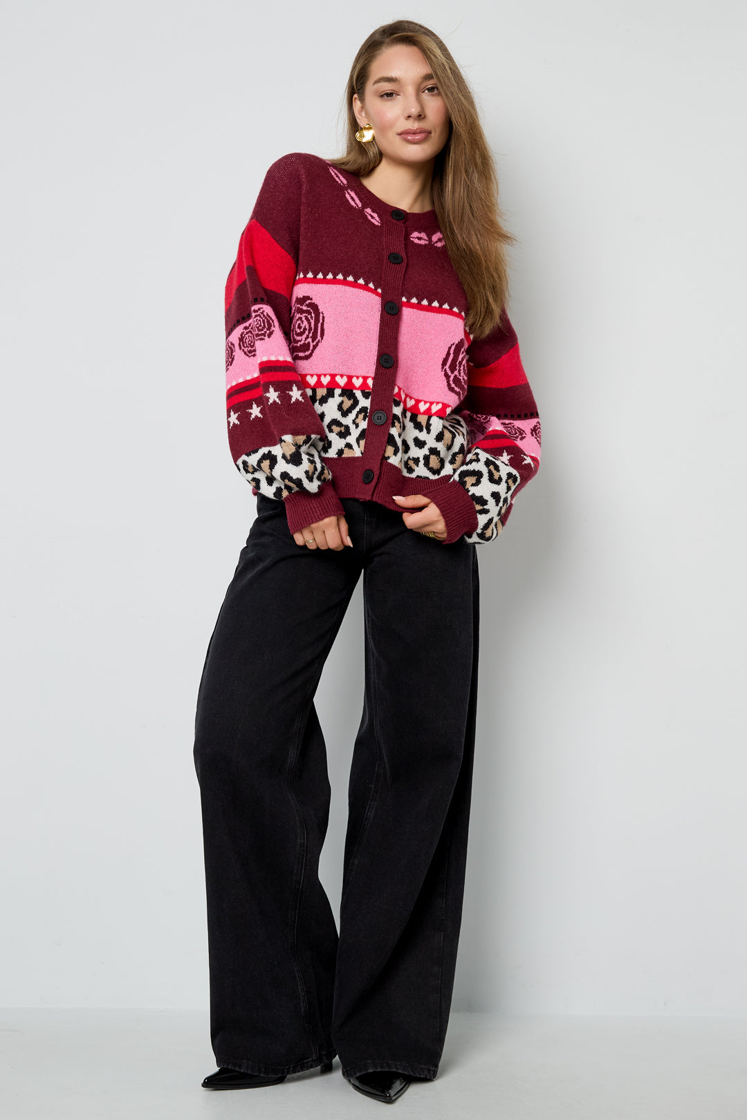 Knitted Polyester Fiber Women's Cardigan Casual Floral Print