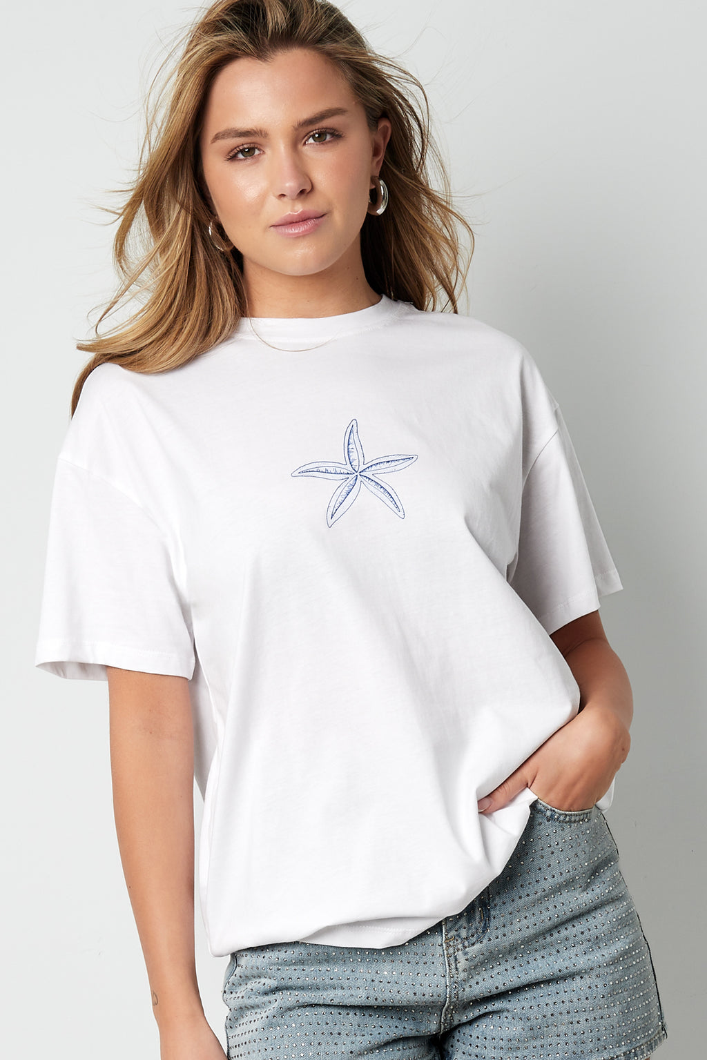 Cotton Women's T-shirt Casual Embroidered Starfish