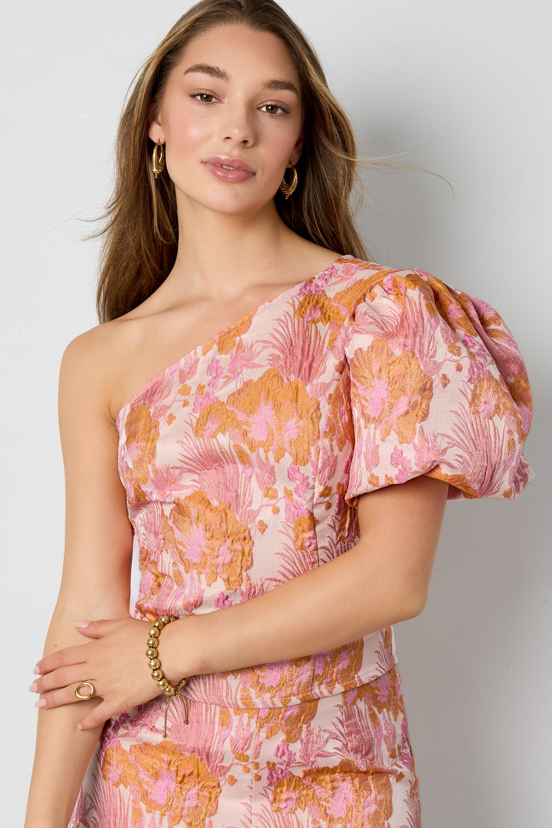Woven Polyester Fiber Women's One Shoulder Top Elegant Floral Print