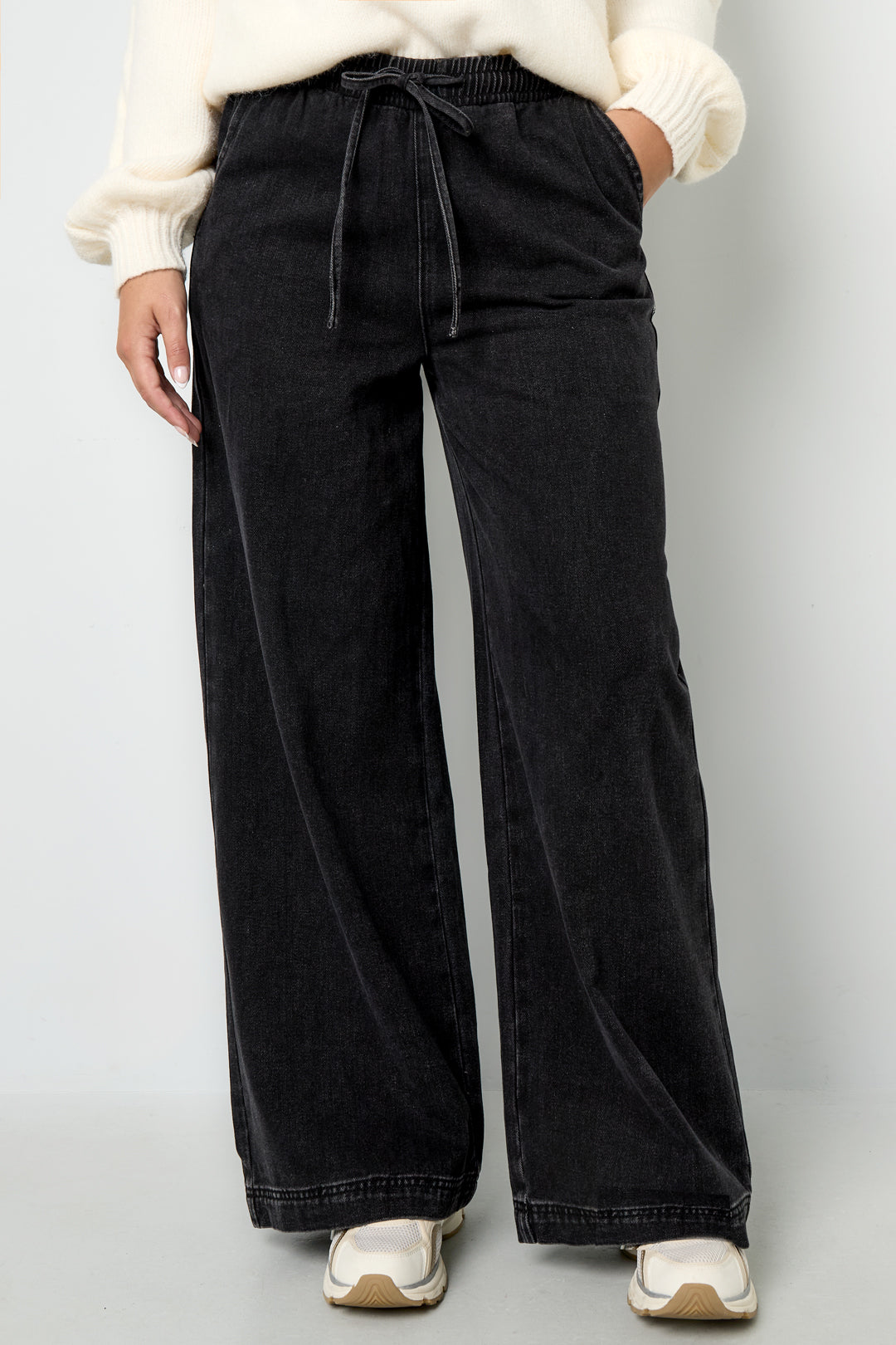 Woven Cotton Women's Wide Leg Denim Pants Sporty Solid Color