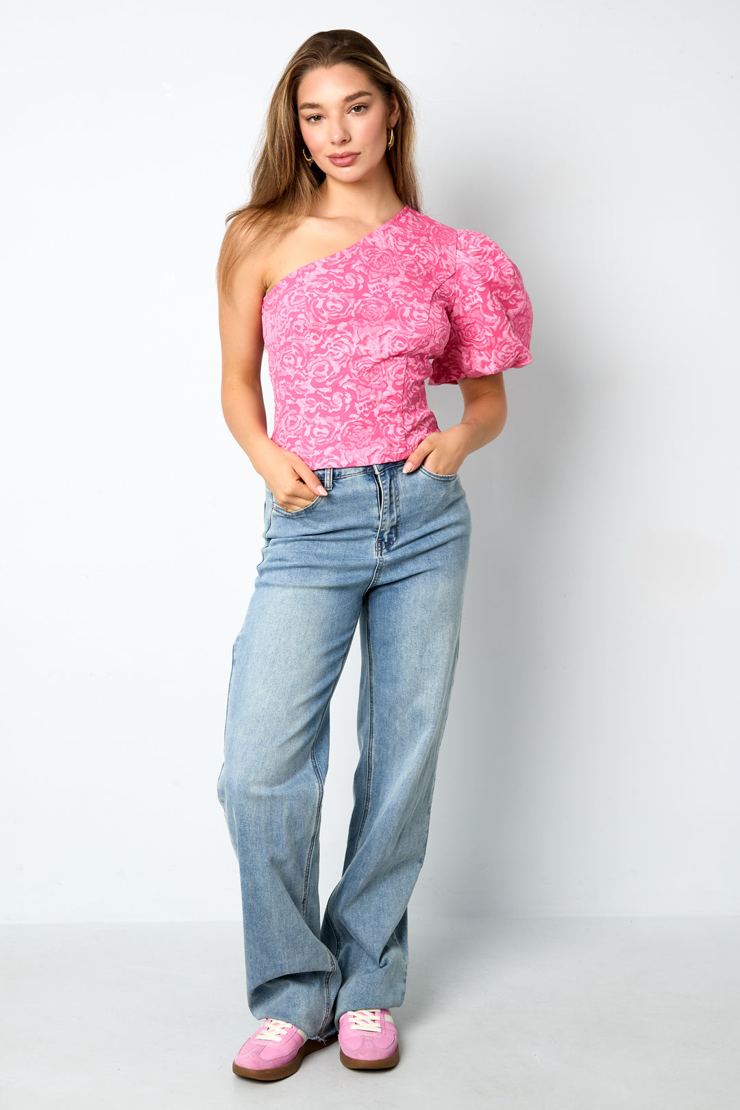 Woven Polyester Fiber Women's One-Shoulder Top Elegant Floral Print