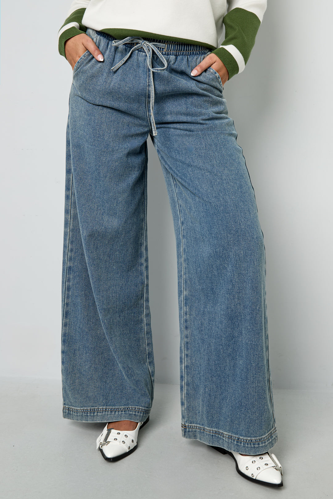 Woven Cotton Women's Wide Leg Denim Pants Sporty Solid Color