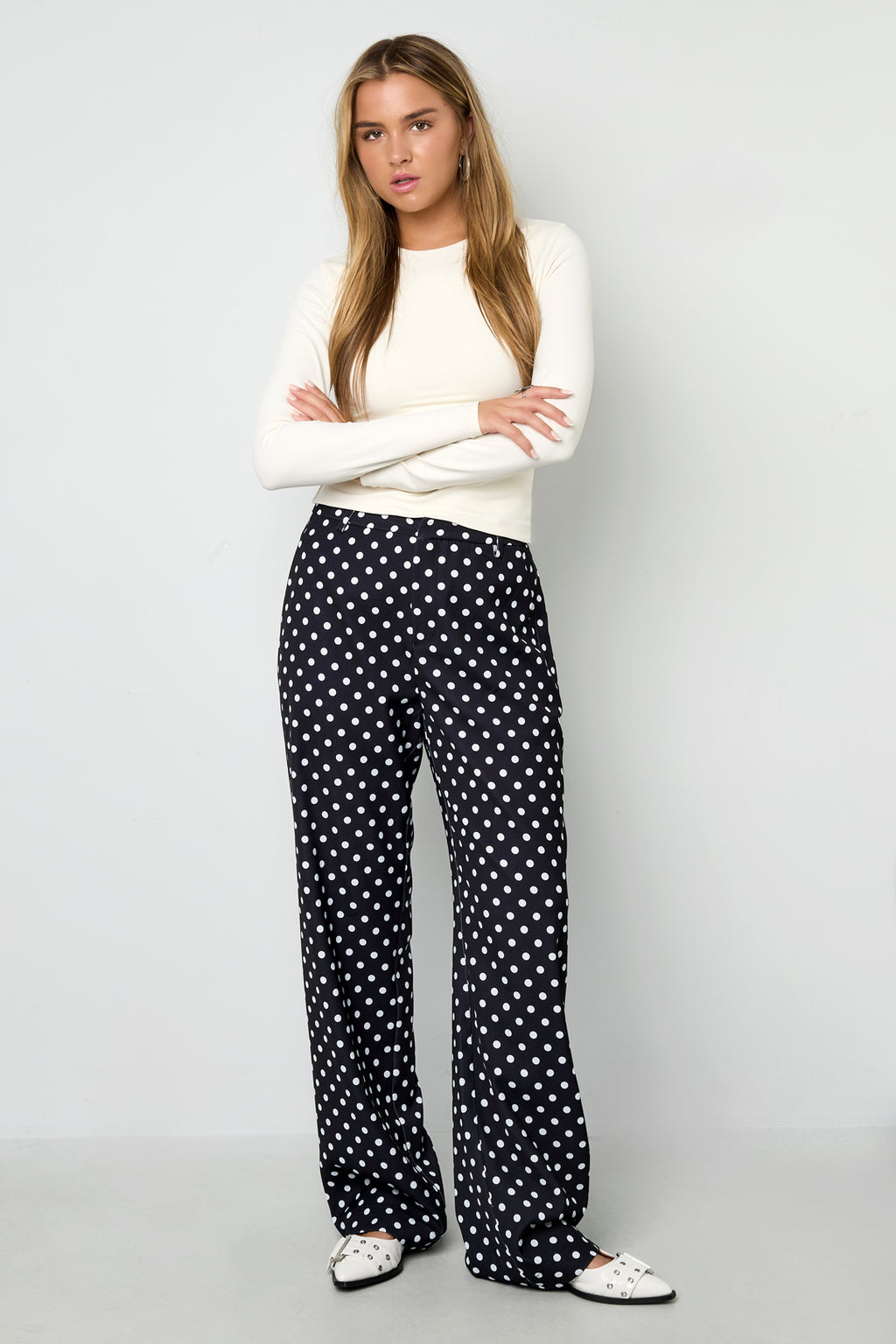 Woven Polyester Fiber Women's Straight Pants Elegant Polka Dots